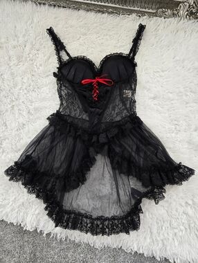 Duet Vintage black lace and mesh lingerie teddy bodysuit set. Size Large. New